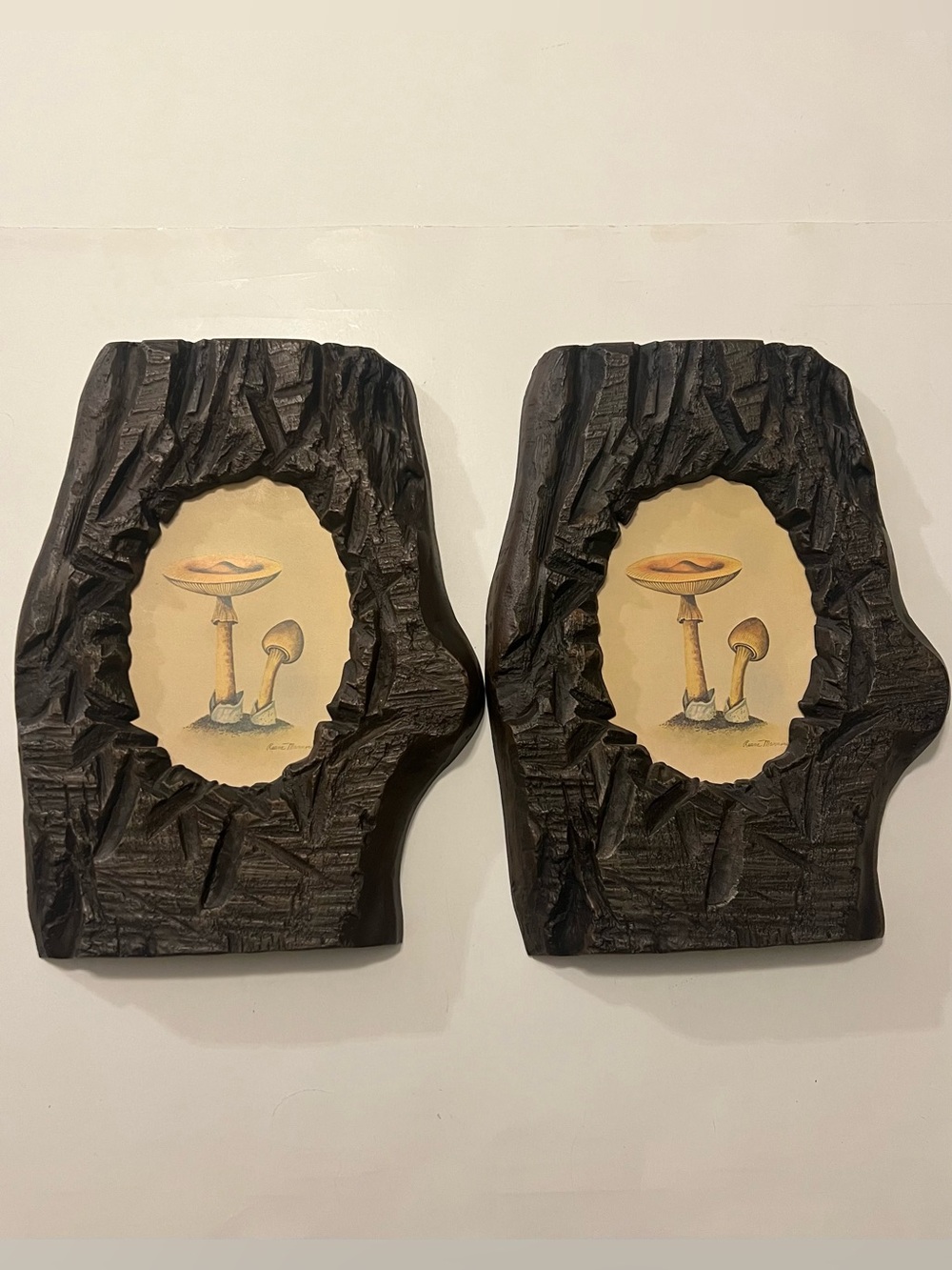 Vintage Ruane Manning Mushroom Litho Plaques Set 2 Faux Wood Plastic Resin 70s
